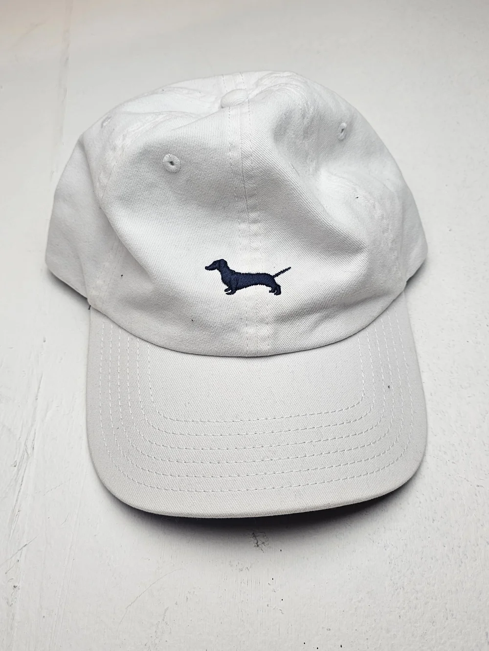 ORTC White Preppy Baseball Cap with Navy Dachshund Embroidery